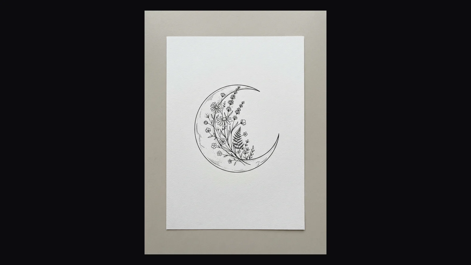 Fine-line AI tattoo design of a crescent moon filled with wildflowers on white paper