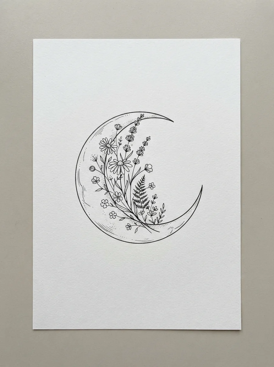 AI tattoo design: a fine-line crescent moon filled with wildflowers, drawn on white paper as a flash sheet