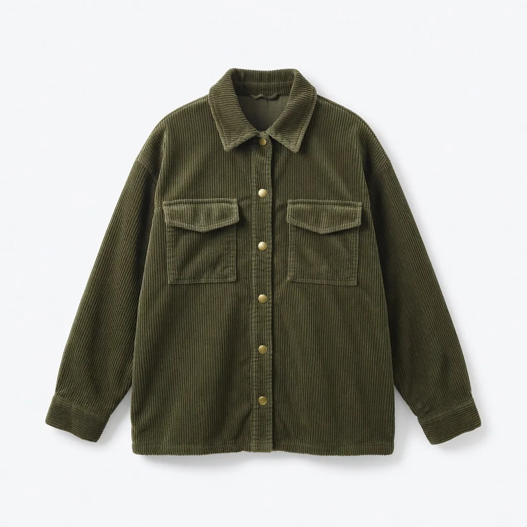 Product photo of an olive-green corduroy overshirt with brass buttons laid flat on white