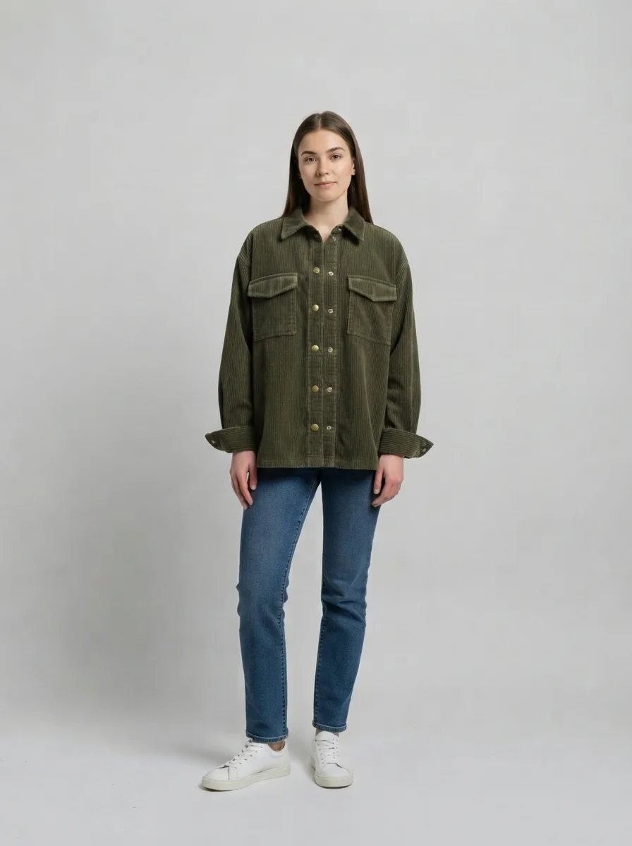 AI virtual try-on result: the olive corduroy overshirt rendered onto a person, keeping the jeans and background
