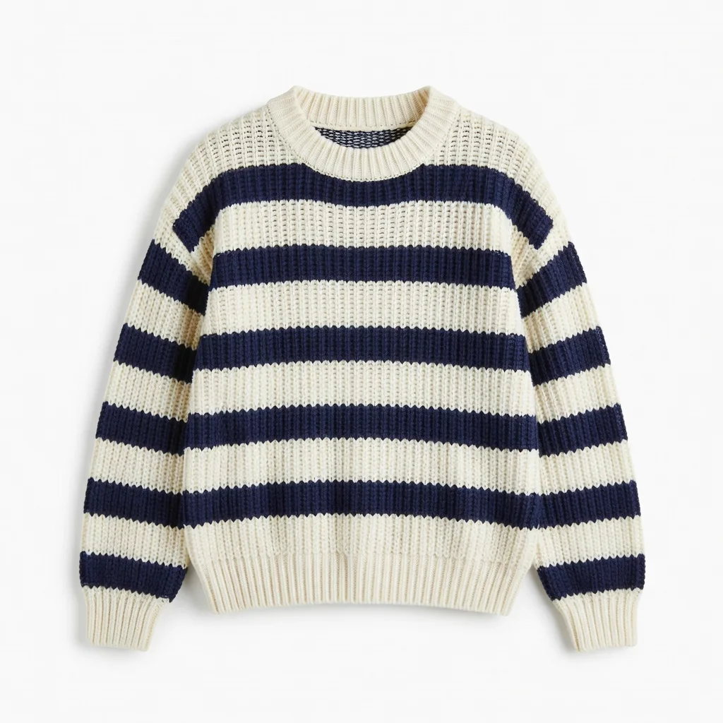 Product photo of a cream and navy striped chunky knit sweater laid flat on white