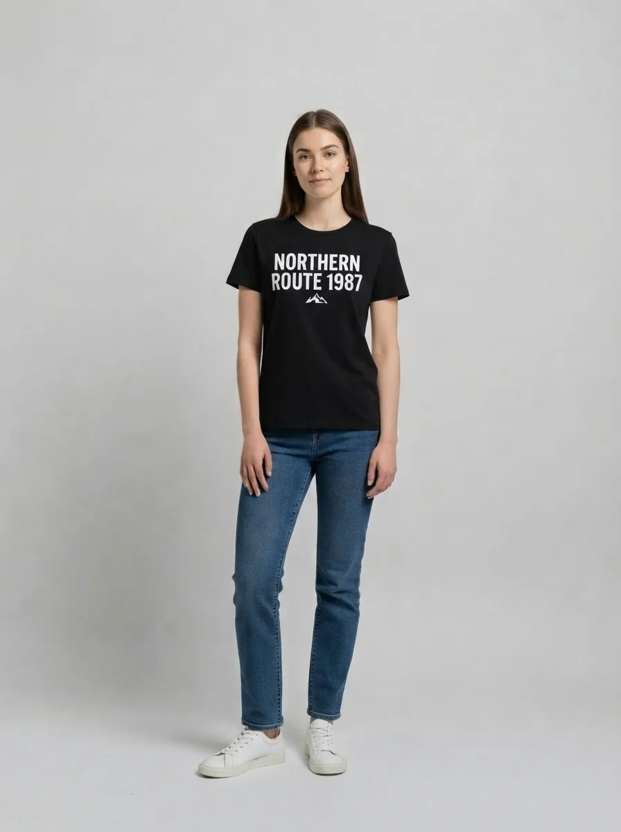 AI virtual try-on result: the printed t-shirt rendered onto a person with the chest print reproduced correctly