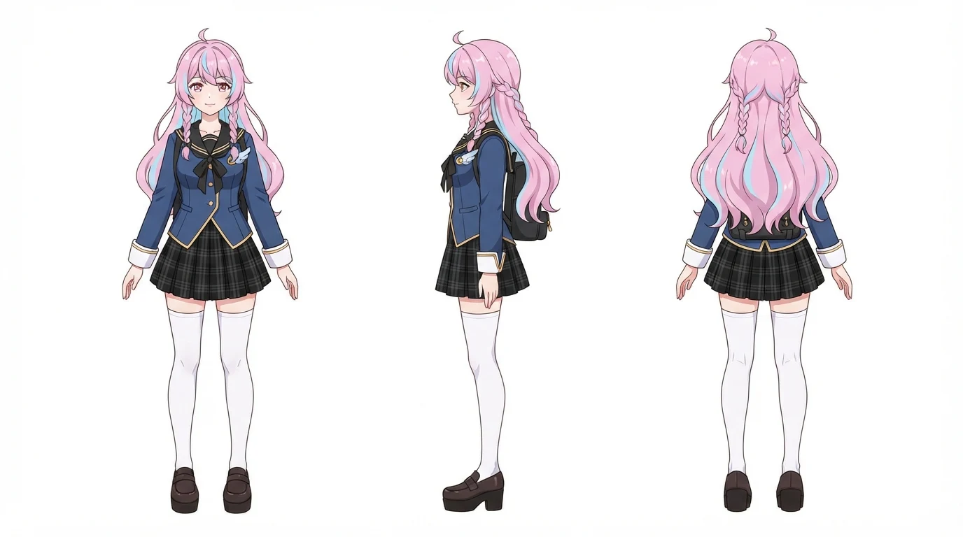 Ficha de tres vistas del generador de VTuber con IA mostrando el mismo personaje original de frente, de perfil y de espaldas